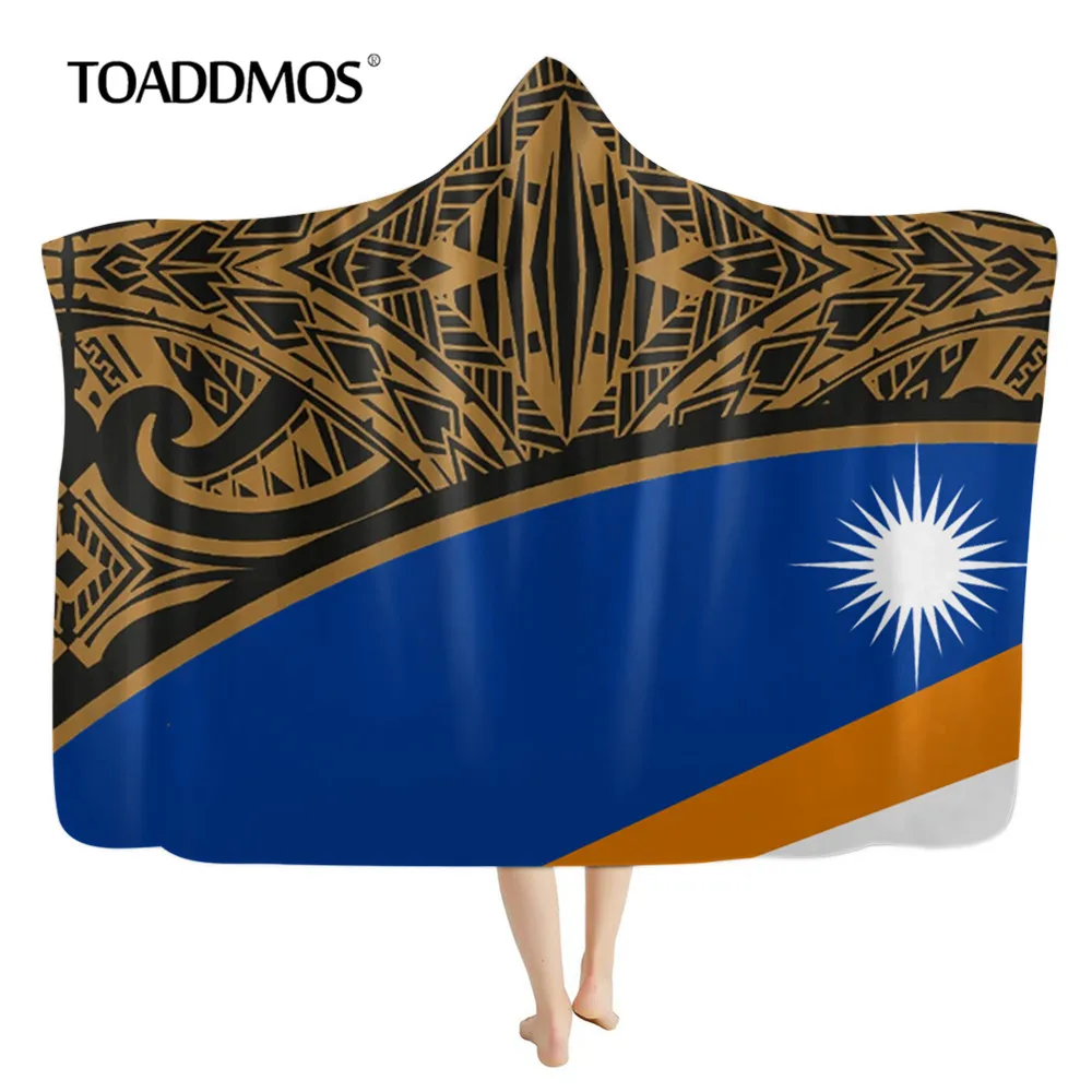 

TOADDMOS Polynesian with 3D Island Kwajalein Flag Blue Sherpa Hooded Blanket for Adult Kids Wearable Throw Blankets Warm