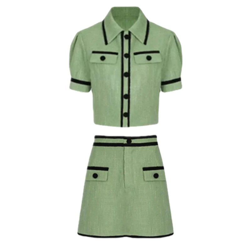 

Vetement Femme 2021 Summer New Retro 2 piece set Women Lapel Single-breasted Puff Sleeve Cropped Tops and Mini Skirt Suits