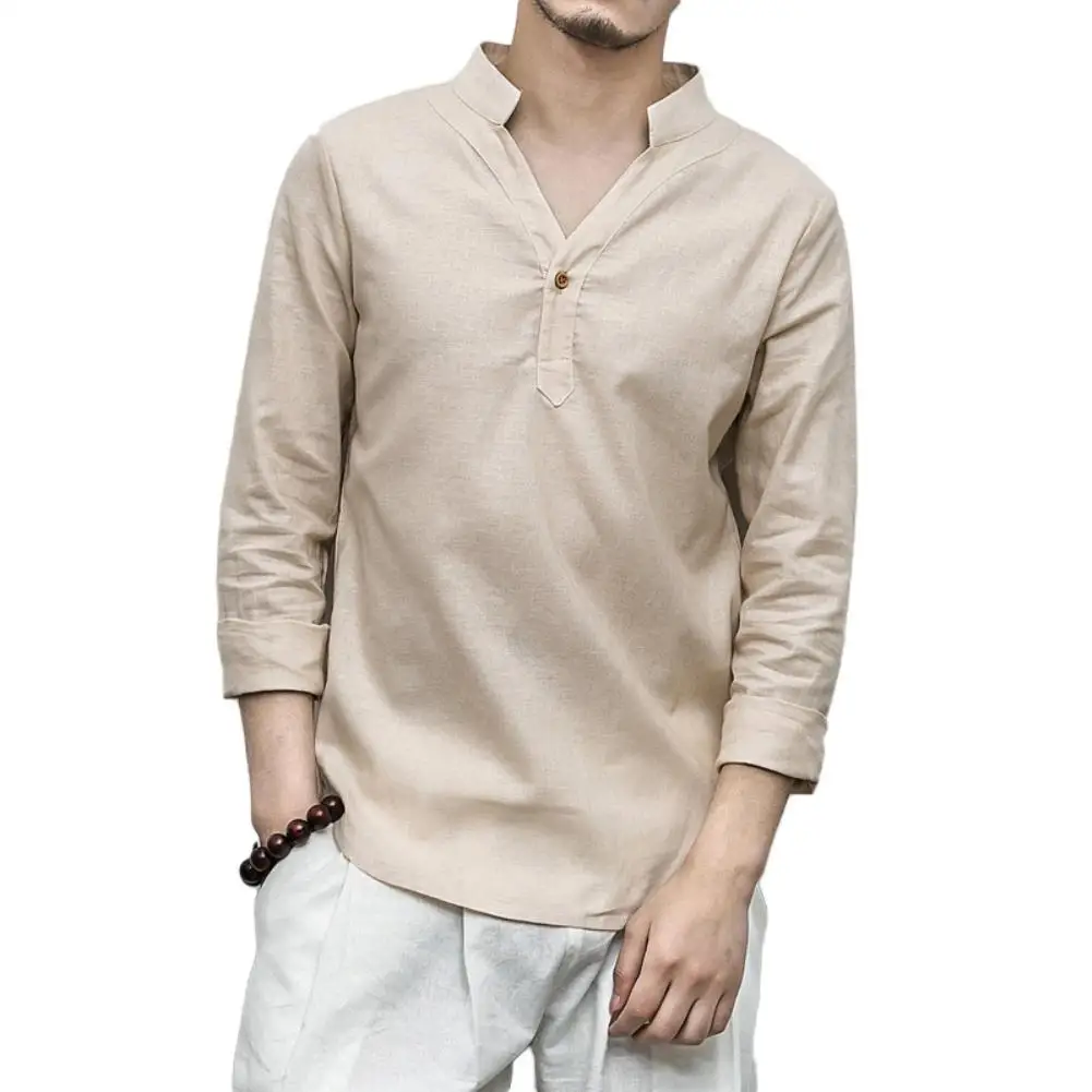 

Vintage Men Solid Color Long Sleeve V Neck Linen Cotton Button Pullover Shirt