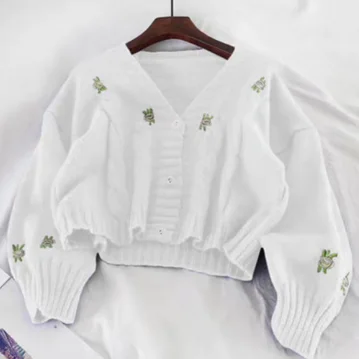 

Spring and Autumn V-neck Lantern Sleeve Embroidery Hollow Flowers Gentle Cute Cardigan Women's Knit Fashion Loose Sweater