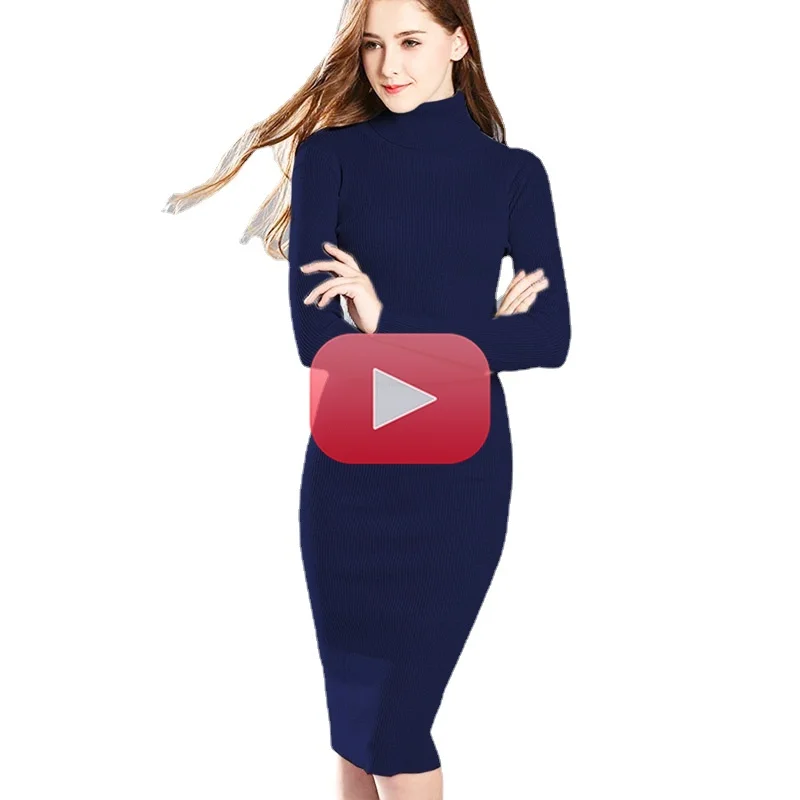 

New Autumn Winter Green Elegant Warm Turtleneck Knitted Dresses Women Long Sleeve Office Sweater Dress