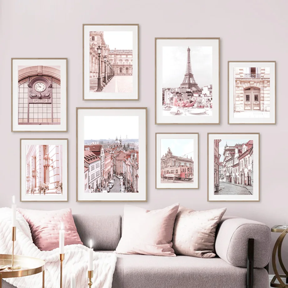 

Pink Paris Street Wall Art Building House Square Door Posters and Prints Nordic Canvas Painting Pictures for Living Room Decor