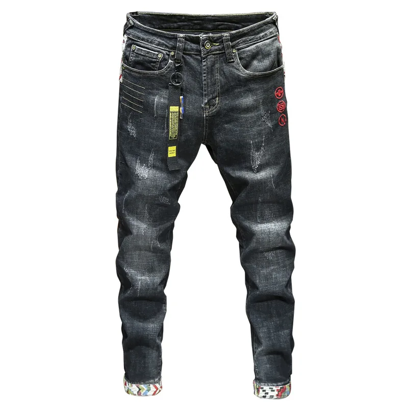 

New Men's Jeans Stretch Pencil Pants Embroidery Hole Patches Slim Trendy Pants Youth Student Pants