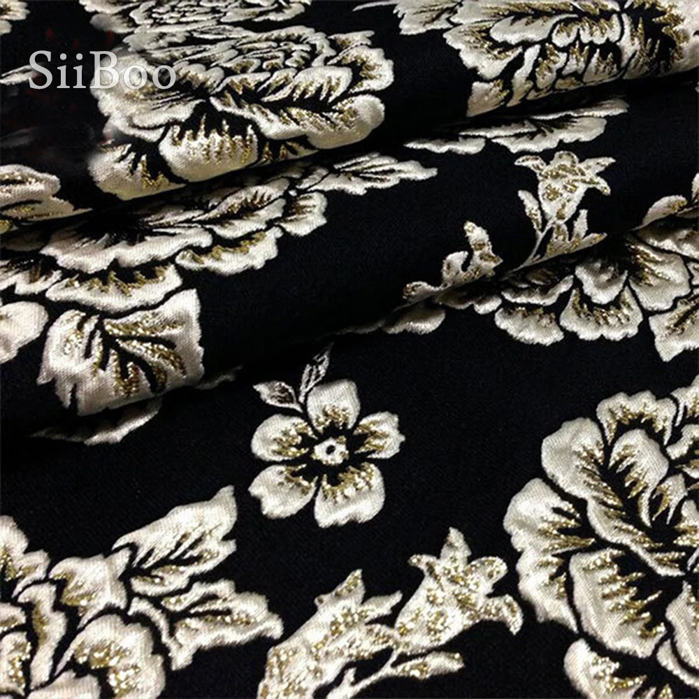 Европейский стиль плотная черная парча ткань с коричневой золотой нитью