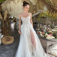 sevintage boho high side split wedding dresses a line embroidery appliques lace bridal gowns spaghetti straps wedding dress
