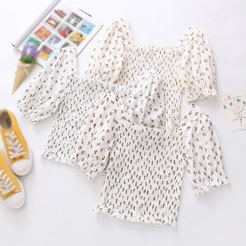 

Summer Blouse Women Square Collar Puff Sleeve Floral Tops Girls Short Sleeve Korean Style Slim Blouses