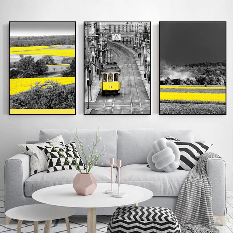 

Modern Simple Living Room Decorative Canvas Painting Restaurant Bedroom Wall Black Yellow Landscape Painting Industrial Style