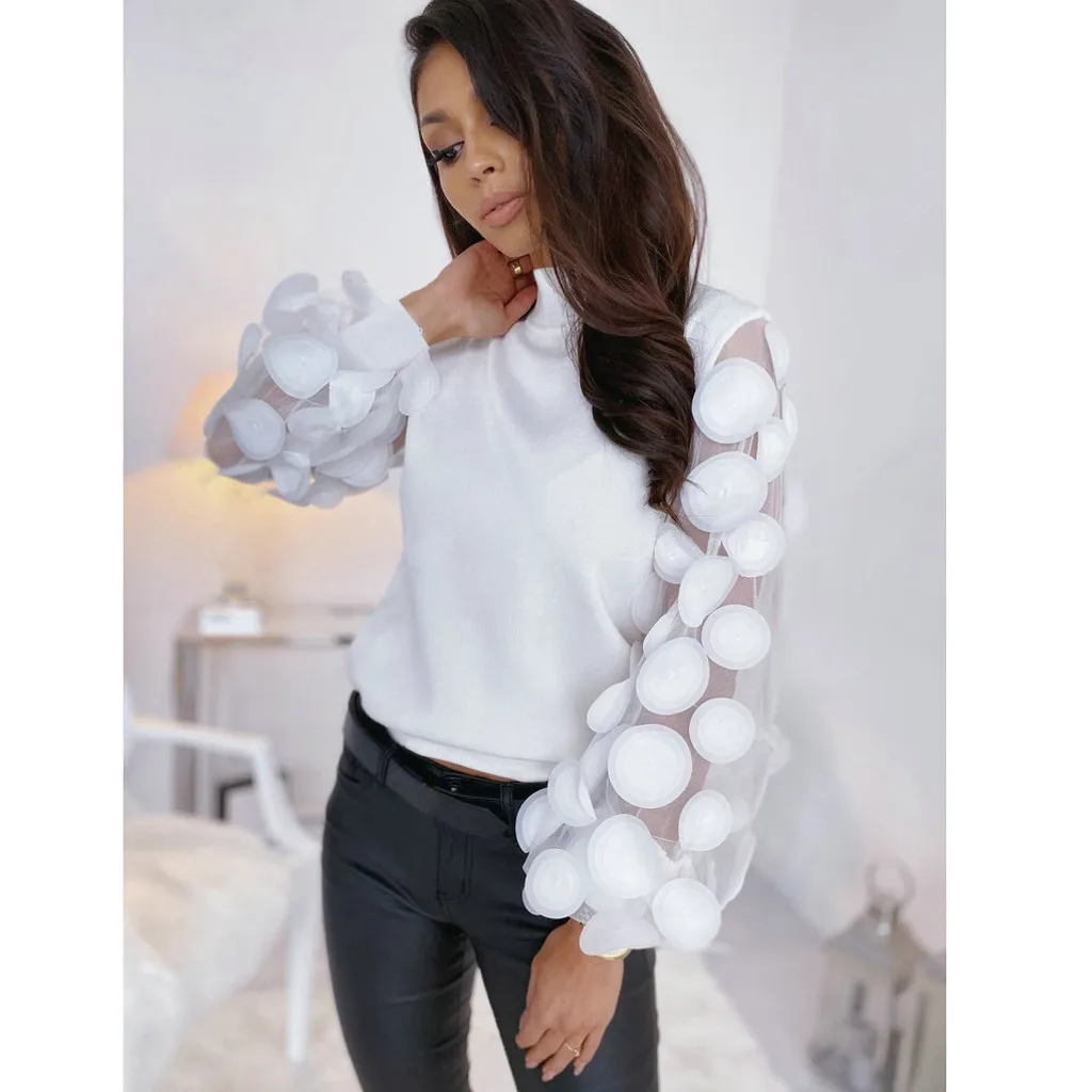 Женская однотонная блузка с рукавами фонариками и высоким воротником|Блузки| |