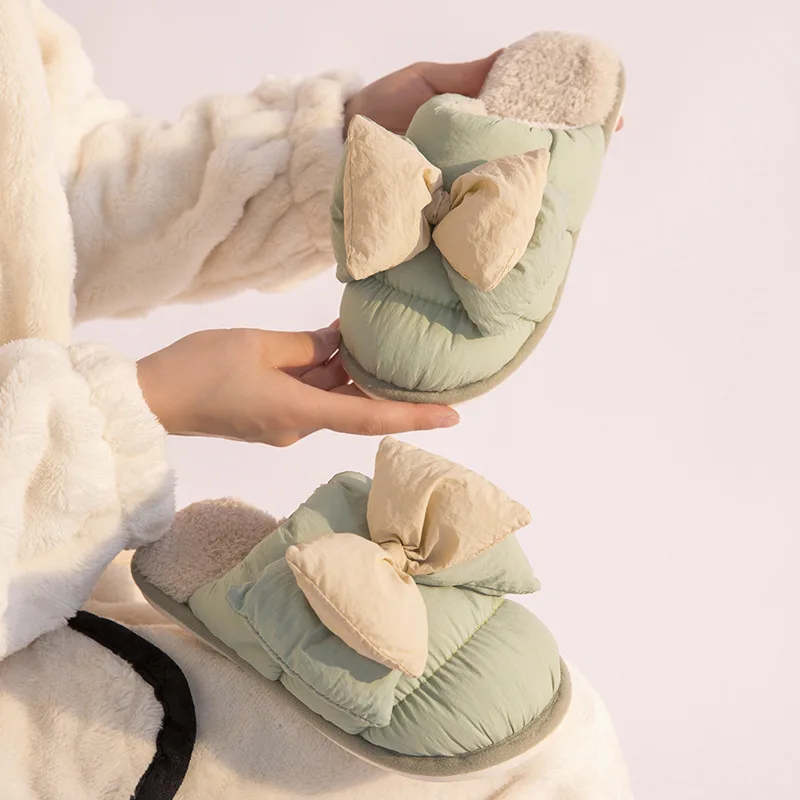 

Winter Women Home Furry Slippers Outdoor Couple Plush Slides Warm Hairy Flat Shoes House Indoor Cute Bow-Knot Cotton Slippers