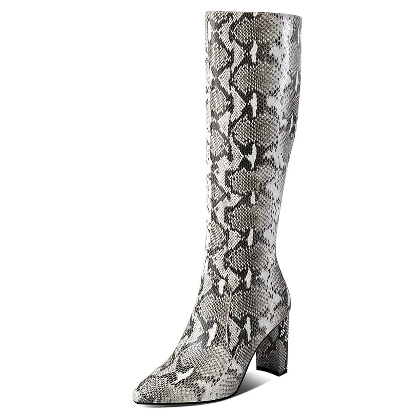 

2020 Brand Style Knee-High Boots Leather Pointed Thick Heel Snake Print Slub Pattern Full Cowhide Women Boots Fall Winter 8cm