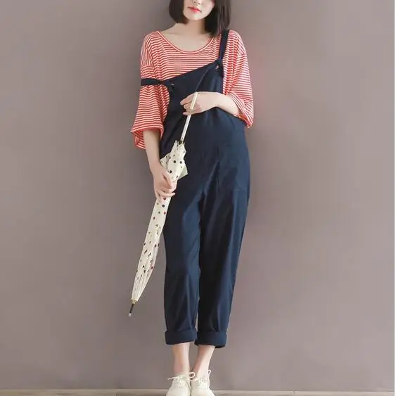 Ретро плюс размер женские комбинезоны брюки синий хлопок лен ретро 2019 женский