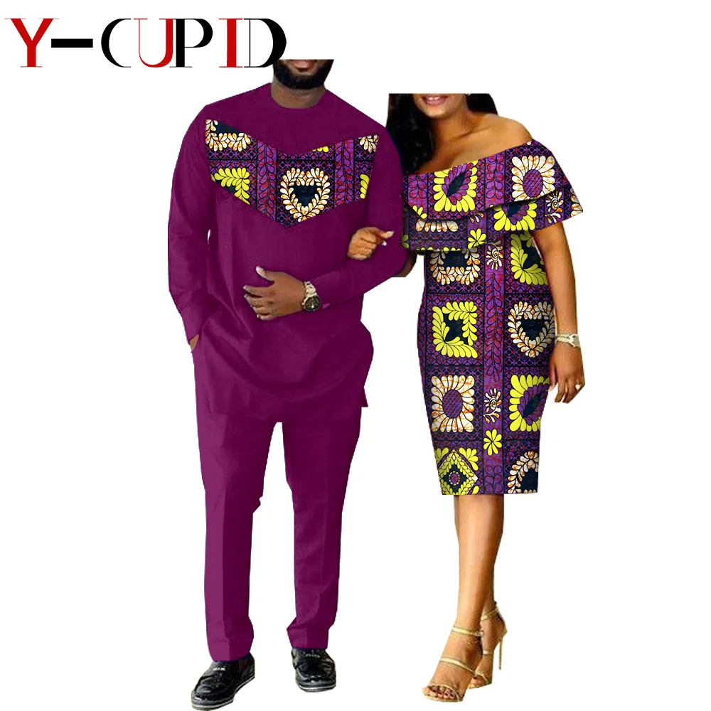 

African Clothes for Couples Bazin Women Double Ruffles Neck Dresses Matching Men Outfit Patchwork Top and Pants Sets YA18C001
