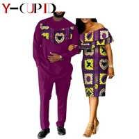 african clothes for couples bazin women double ruffles neck dresses matching men outfit patchwork top and pants sets ya18c001
