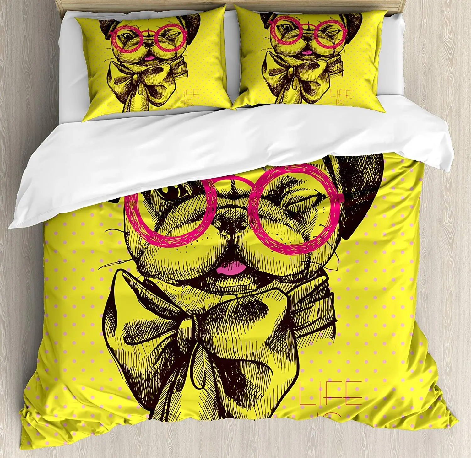 

Pug Bedding Set An Intellectual Dog with Glasses and a Wink Life is Good Inscribed on theDuvet Cover Pillowcase Bed Set