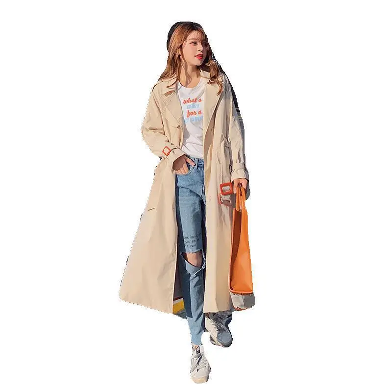 

Sweet Orange/Beige Patchwork Casual Trench Coat Women Korean Fashion Sashes Long Overcoat Workwear Abrigo Mujer