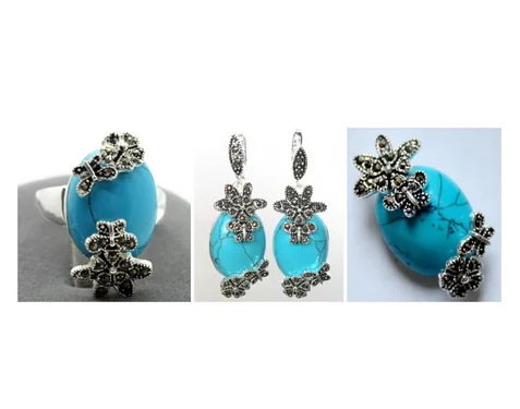 

Vintage Blue Turquoise 925 Sterling Silver Marcasite Ring (#7-10) pendant and earrings sets