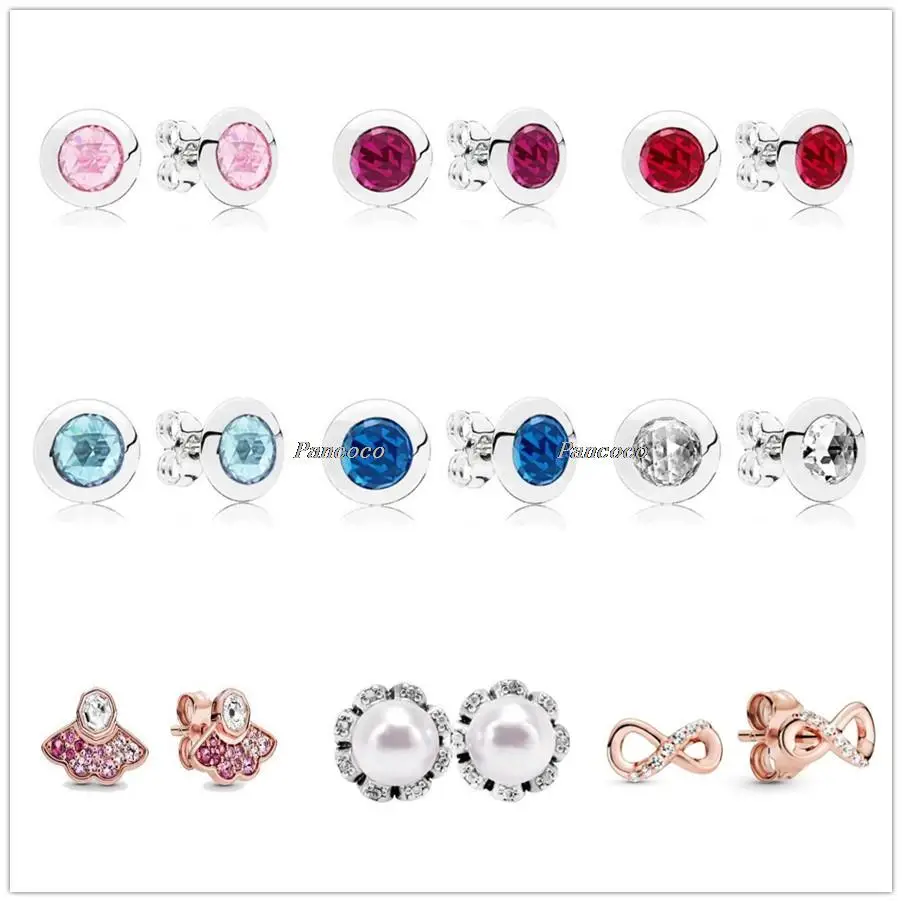 

Authentic 925 Sterling Silver Blue & Pink Fan Earring With Crystal Stud Earrings For Women Wedding Gift Fashion Jewelry