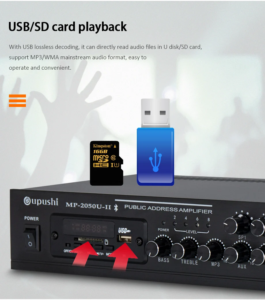 Oupushi MP-2050U Bluetooth усилитель мощности профессиональная поддержка постоянного давления sd-карта и микрофонный вход