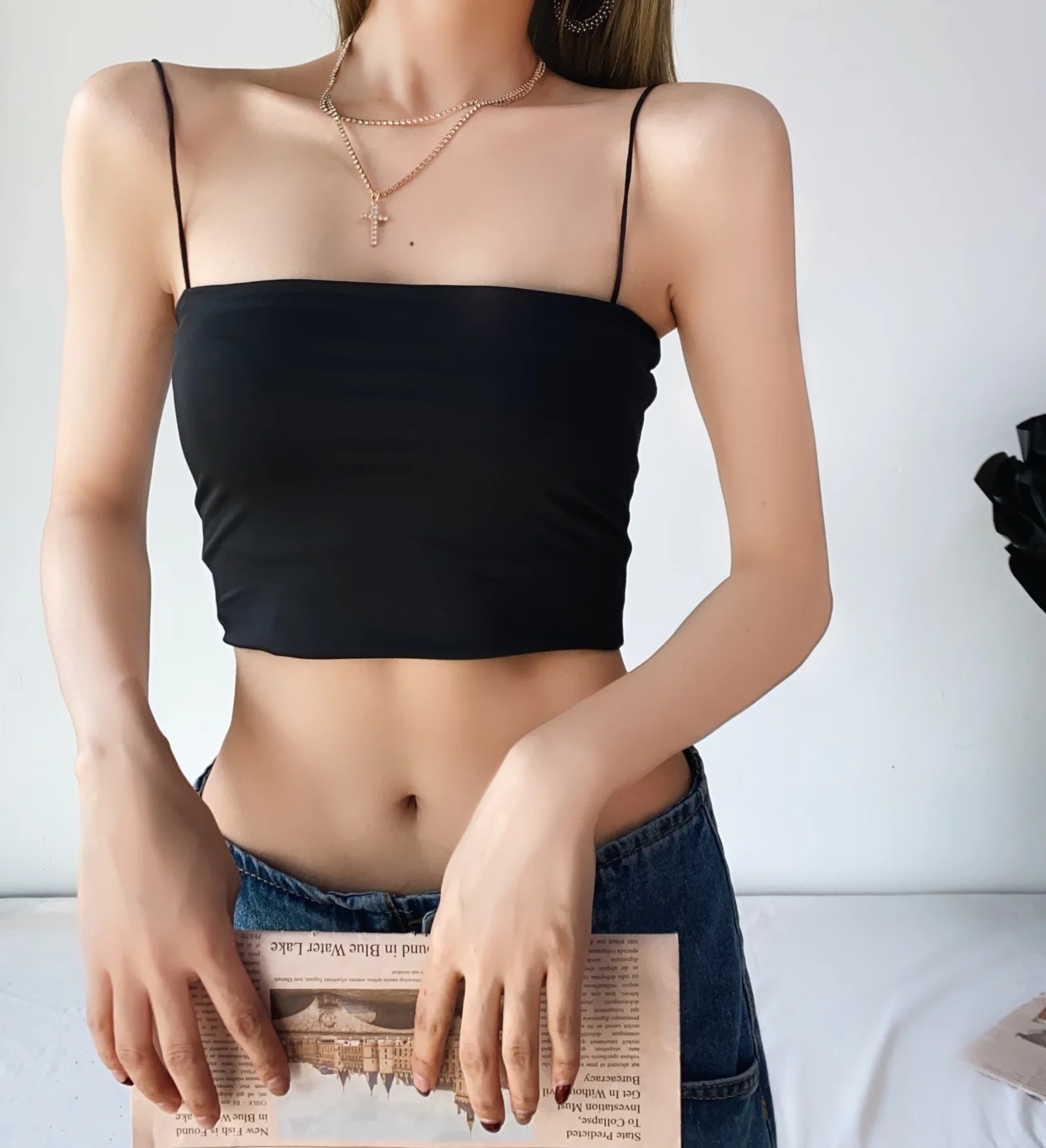 

WOMENGAGA Fashion Double Layer Sexy Thin Strap Camis Vest Female Trend Elastic Fitness Sports Sling Short Top For Women GSNQ
