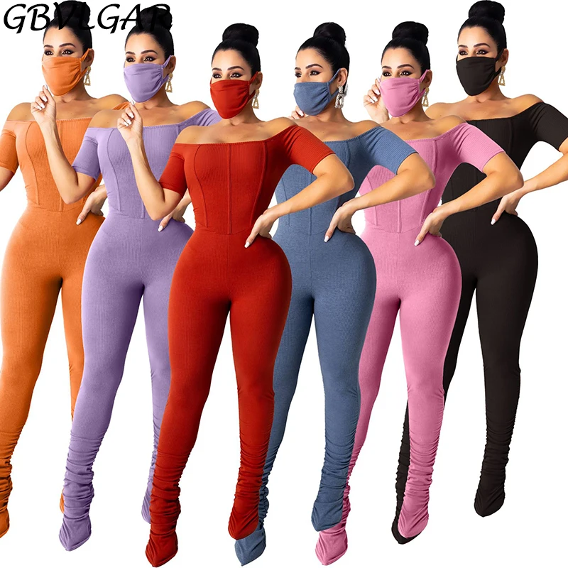 

Women Slash Neck Ribbed Bodycon Jumpsuits Short Sleeve Pleated Pants Ribbed Romper Elastic Raised Lines Pattern Outdoor Wear