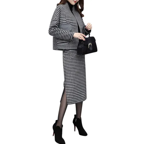 Шерстяной комплект из 2 предметов Женский с юбкой клетчатый двух корейский