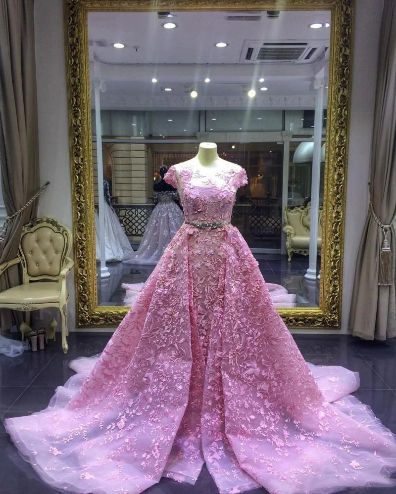 Luxury Pink lace Cap Sleeves Bridal gown Tailor-made mermaid Sweep Train Saudi Arabia Evening gown with pearl belt Sheer neck