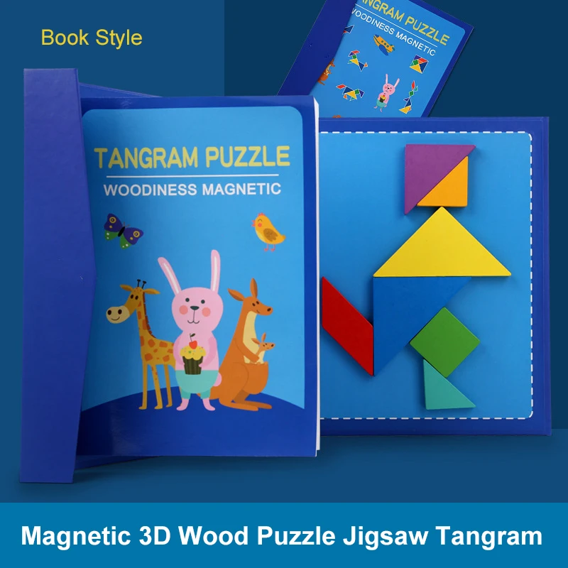 

Magnetic 3D Wooden Puzzle Jigsaw Tangram Book Style Educational Drawing Board Wooden Puzzles for Kids Learning Toys Brain Tease