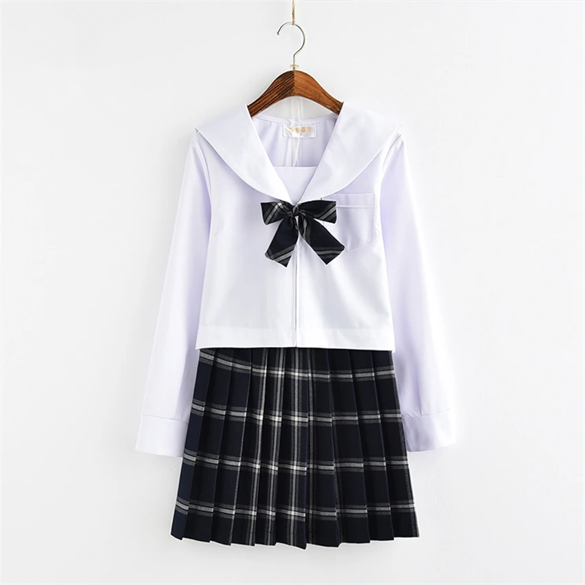 Japanese Style Fashion JK School Uniform College Girl Skirt Pleated Lattice Sailor Dress Tie Cute Girls Cosplay Clothing Set - Цвет: Nay set