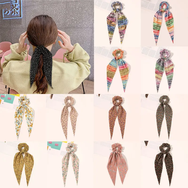 

Polka Dot Floral Hair Scrunchies Elastic Hairbands Long Ribbon Hair Tie Ponytail Hair Scarf Splicing Color Bows Cloth Hair Rope