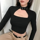 Женская сексуальные короткие топы с длинным рукавом Lossky, черная Готическая короткая футболка с воротником-чокером и металлической пряжкой в уличном стиле