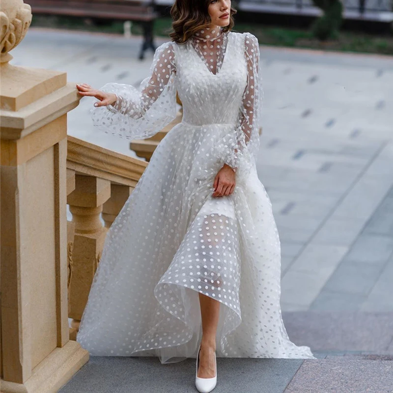 

Puff Sleeve Evening Dress Dot O-neck Puff Sleeve Women Prom Dress Casual Elegant Mesh White Maxi Evening Gowns Robe De Soiree
