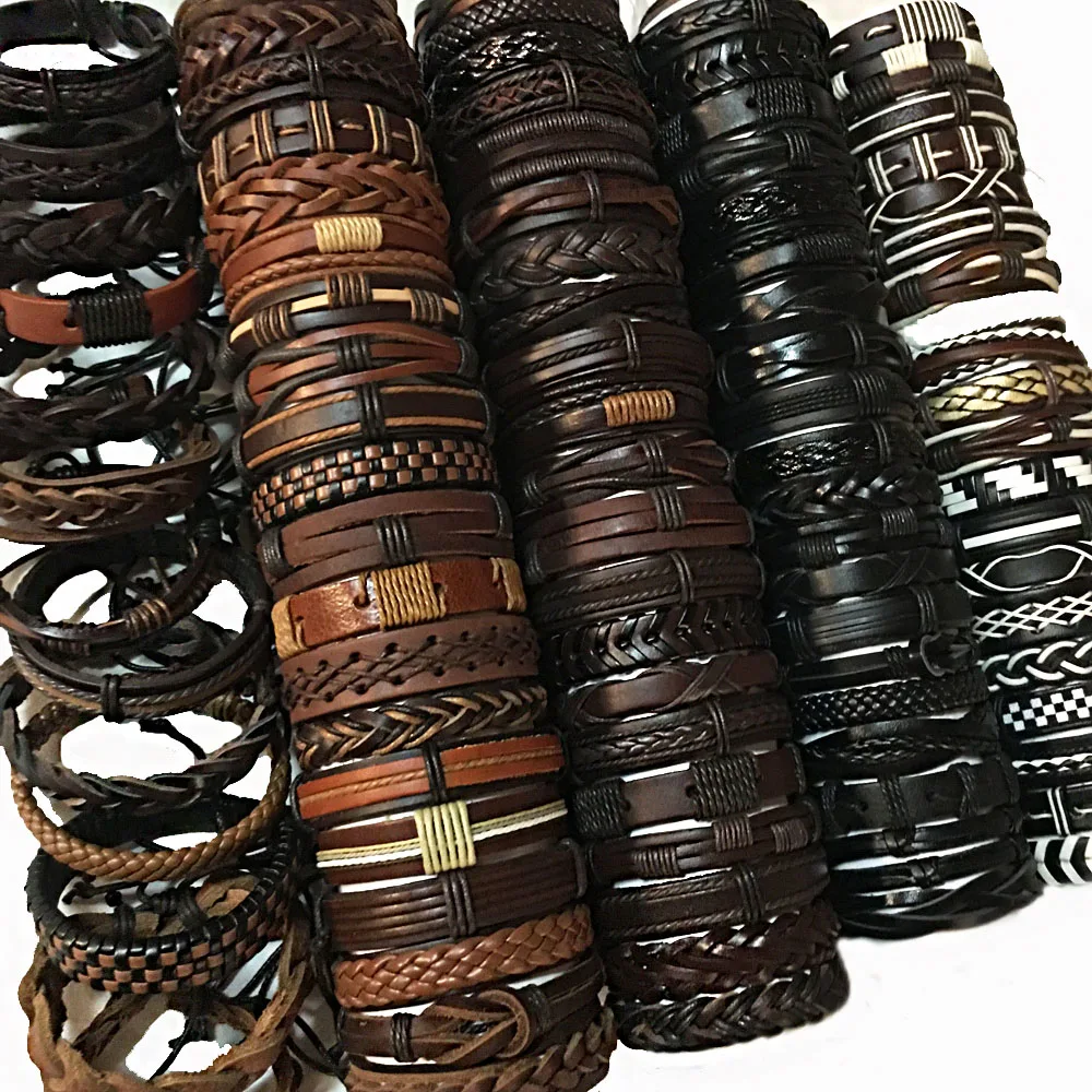 

Random 30pcs/lot Woven Fahsion Charm Wrap Leather Women Bracelets Bangles Men Women Wholesale Cowhide Bracelet Jewelry KX4