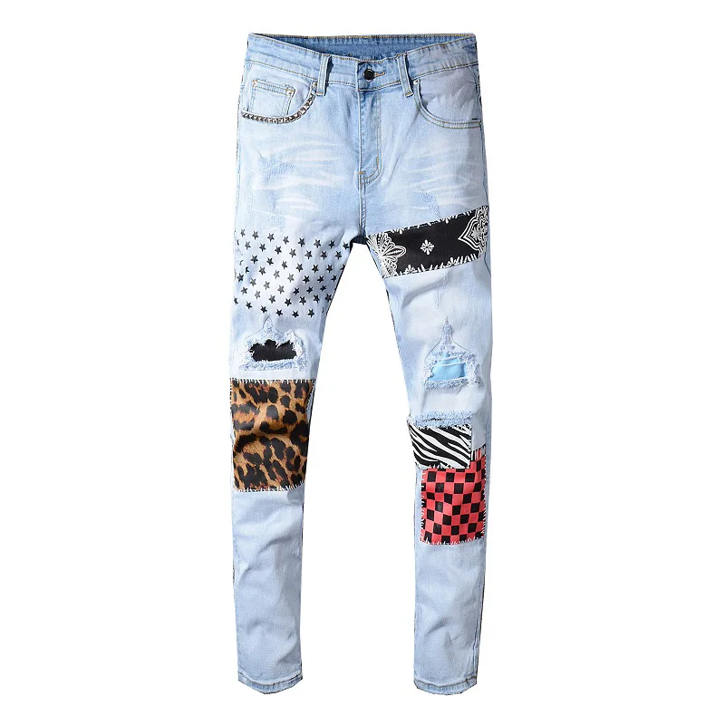 2021 New Men's stars printed leopard patchwork rivet slim jeans Light blue holes ripped skinny stretch denim pants Trousers