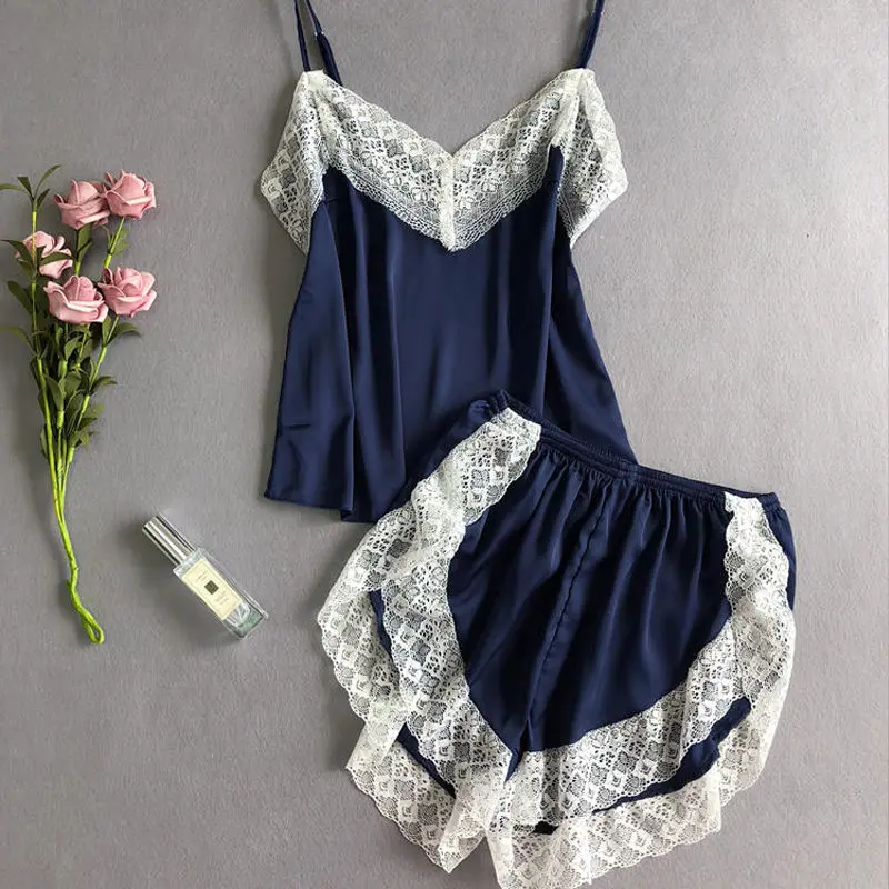 Пижама женская шелковая атласная пижама сексуальный кружевной Пижамный костюм