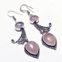 genuine rose quartz silver overlay on copper earrings hand made women jewelry gift e5327