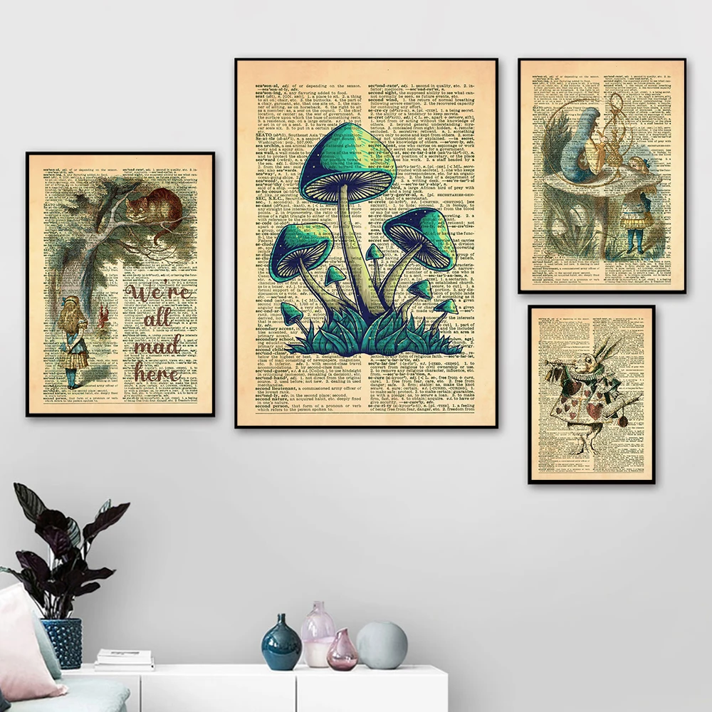 Ретро-постер с кроликом в стране чудес Картина на холсте словаре Художественная