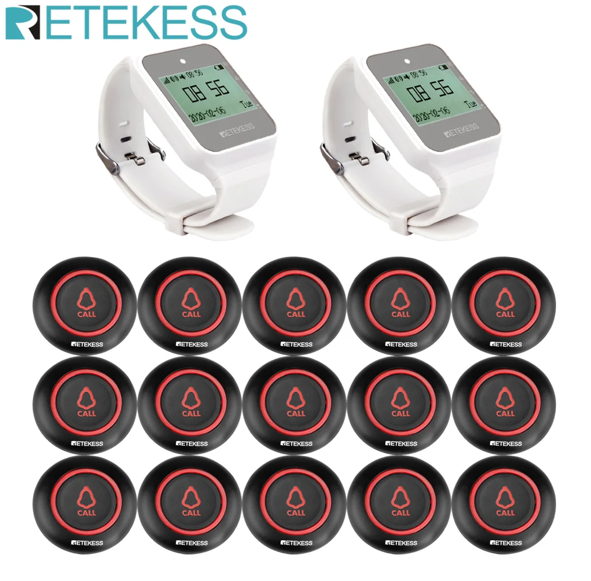 RETEKESS Wireless Waiter Calling System Restaurant Pager +2 TD108 Watch Receiver + 15 TD019 Button For Hookah Service Tables