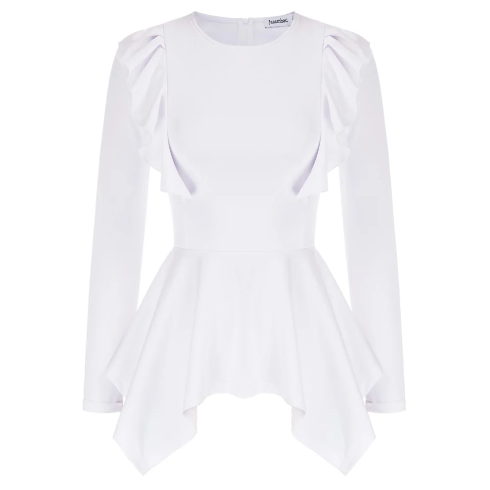 Женская блузка с баской осенняя однотонная длинными рукавами круглым вырезом и