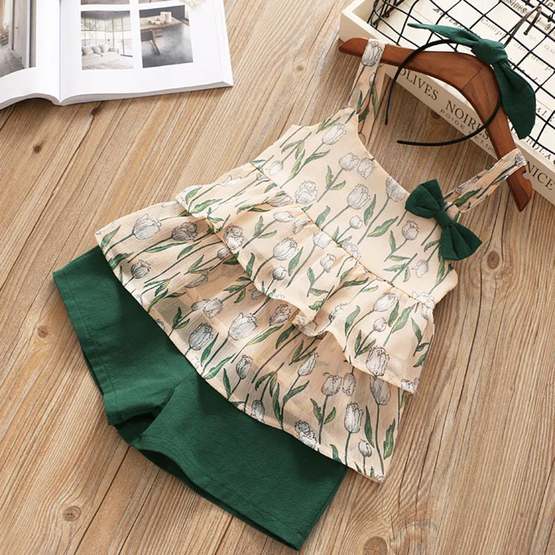 Комплекты одежды для девочек летние модные топы детей + шорты спортивные костюмы