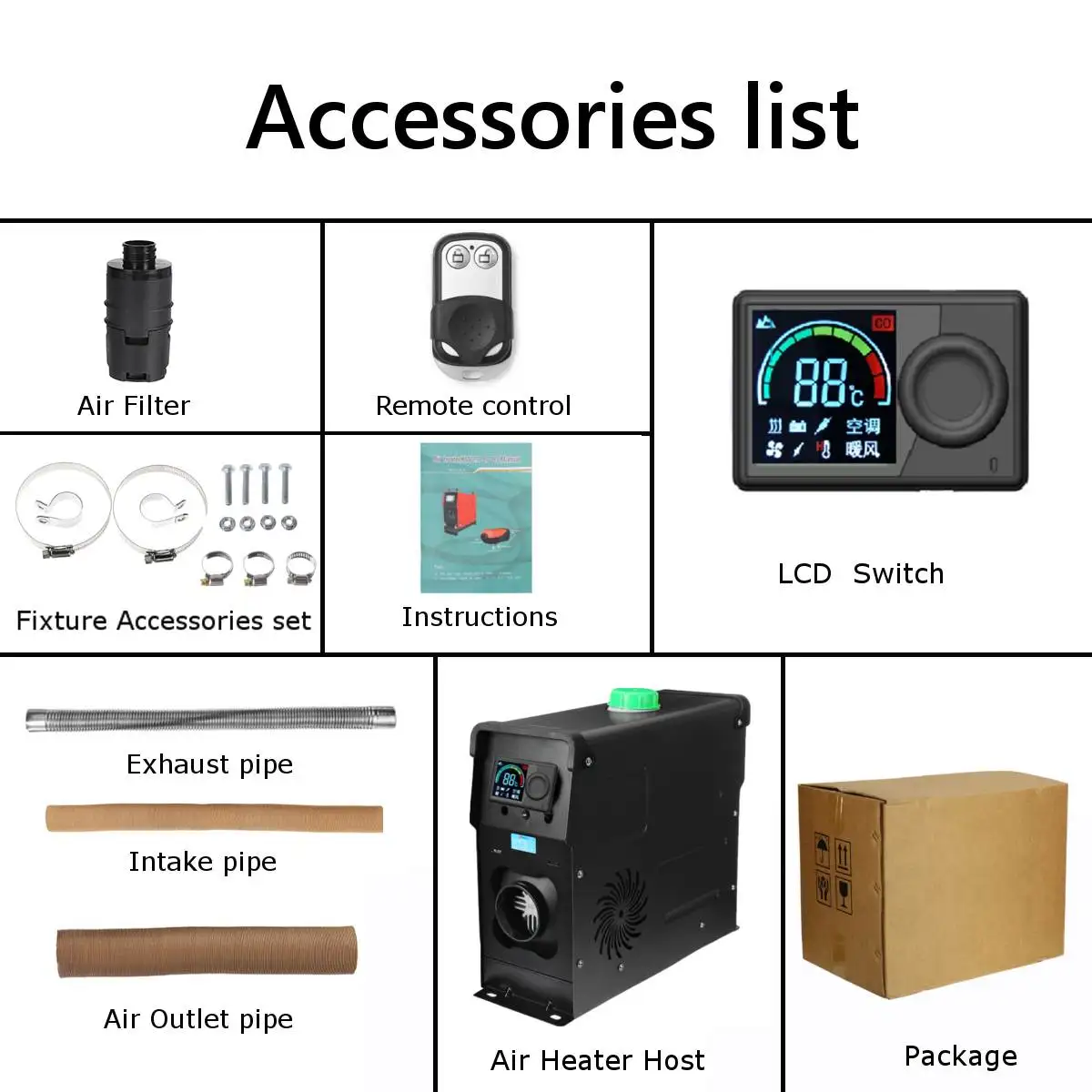 

12V 1-8KW Adjustable Car diesels Air Heater Fan+LCD Voice Broadcast switch+ remote control Integrated Machine For Van Boat Bus
