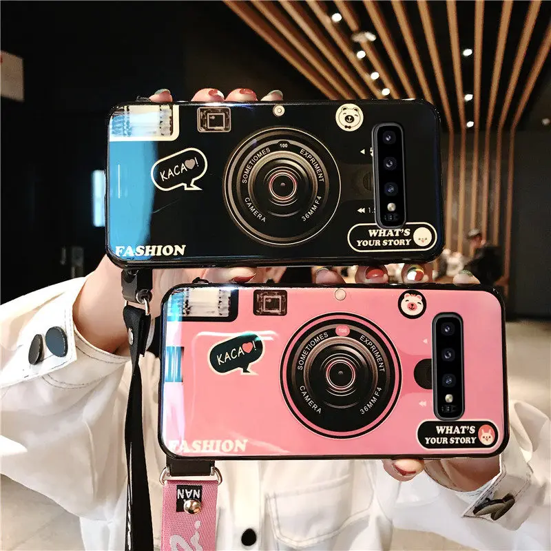 For Samsung Galaxy A6 A7 A8 A9 Plus J2 J3 J4 J5 J6 J7 J8 Prime A2 Core 3D Camera style soft tpu cover case coque with Long Strap |