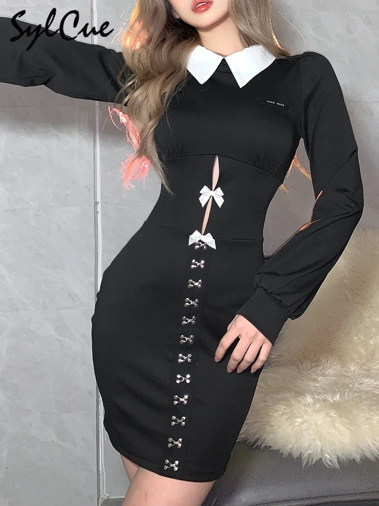 

Sylcue Student Youth Simple And Generous Bow Knot Hook Buckle High Street Slim Tight-Fitting Hip Elastic Women's Dress
