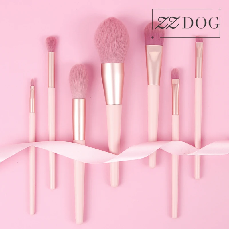 

ZZDOG 7Pcs Cosmetics Tool Kit Pink Powder Eye Shadow Blusher Blending Cute Makeup Brushes Set Natural Hair Wooden Handle Tools