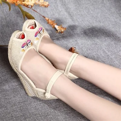 Model 2 Beige Veowalk/Винтажные женские босоножки; повседневные льняные парусиновые сандалии на танкетке Лето; туфли-лодочки на платформе с ремешком на щиколотке на среднем каблуке; эспадрильи - Цвет: Model 2 Beige