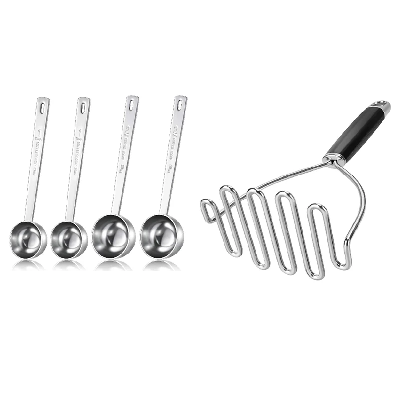 

4 Pcs Coffee Scoop,Long Handle Measuring Coffee Scoop Spoons 15 Ml And 30 Ml With Potato Masher Mashed Potatoes Masher