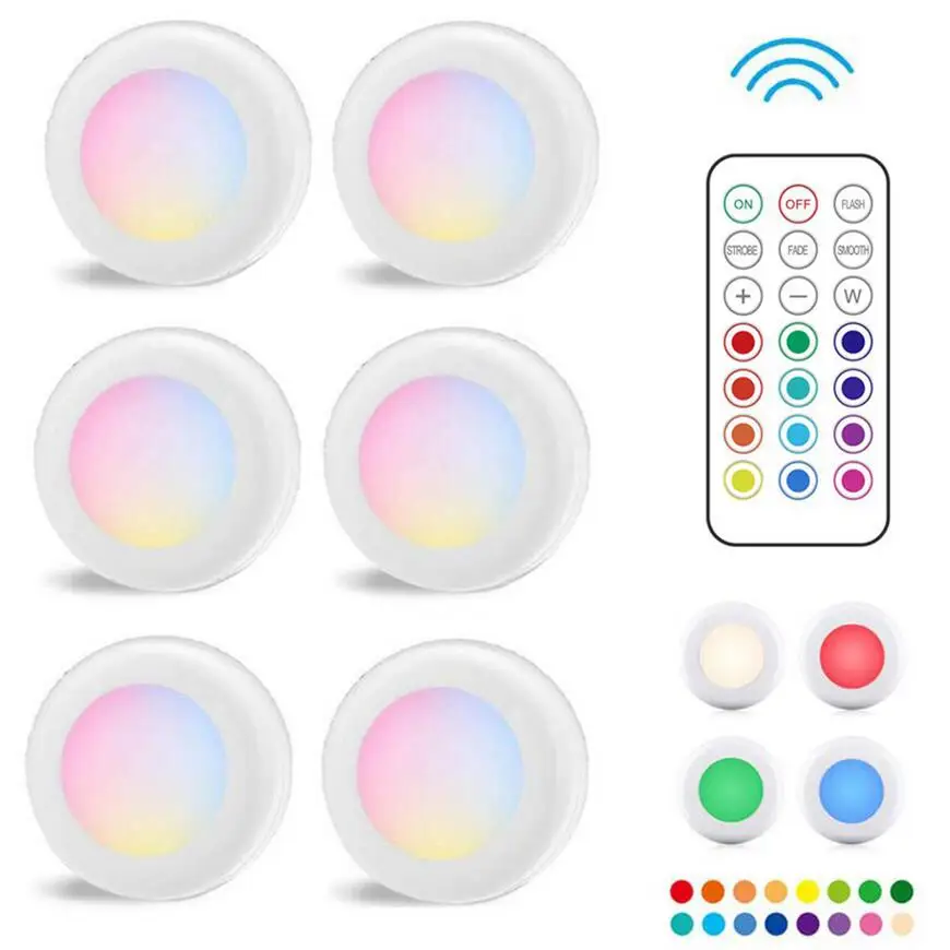 

LED Cabinet Light Battery RGB Color Puck Dimmable Under Shelf Kitchen Counter Lighting Remote Controller Night Lamp