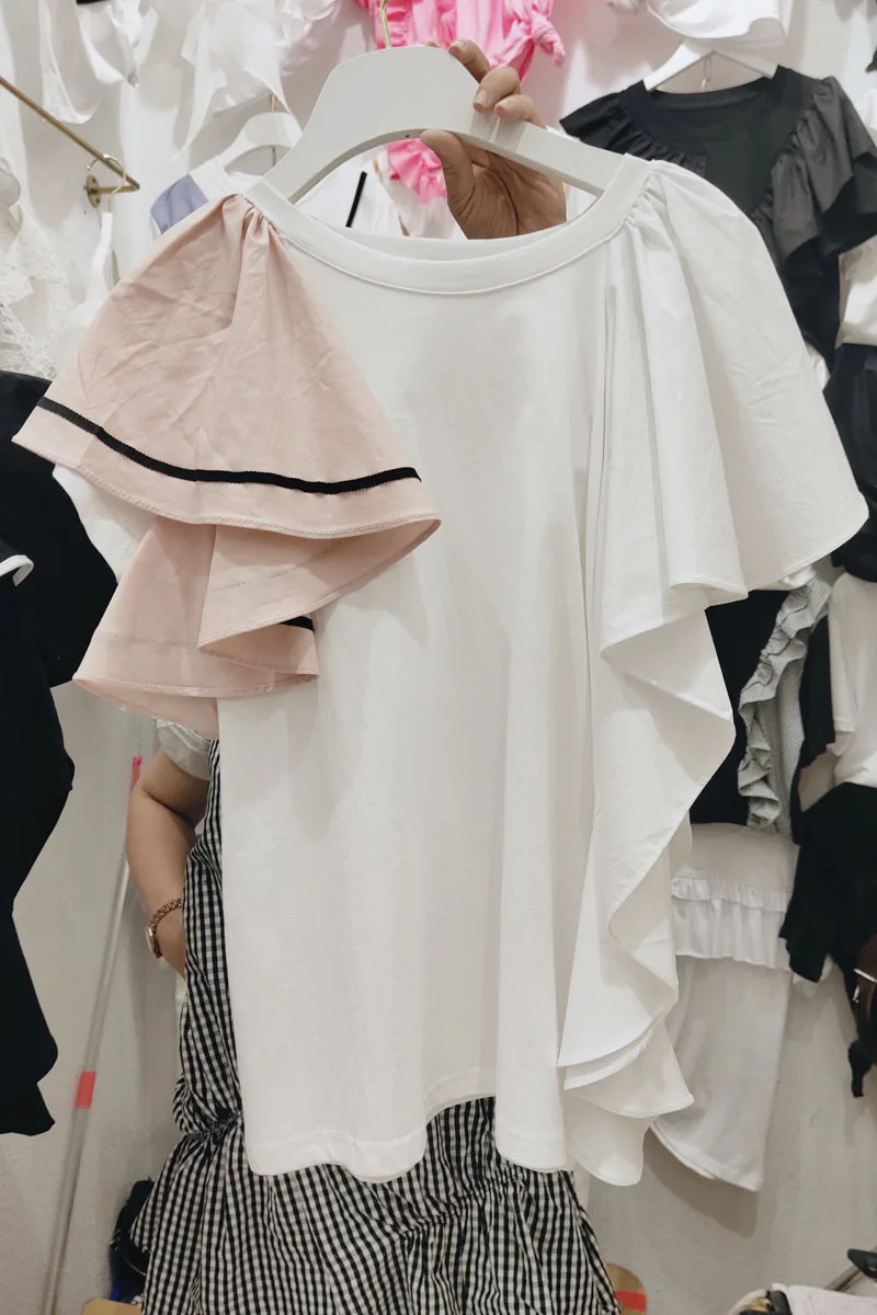 

Casual Sweet Ruffled Patchwork Round Neck Short-Sleeved T-shirt Slimming Stretch Fashion All-matching Loose Top Women's Tee