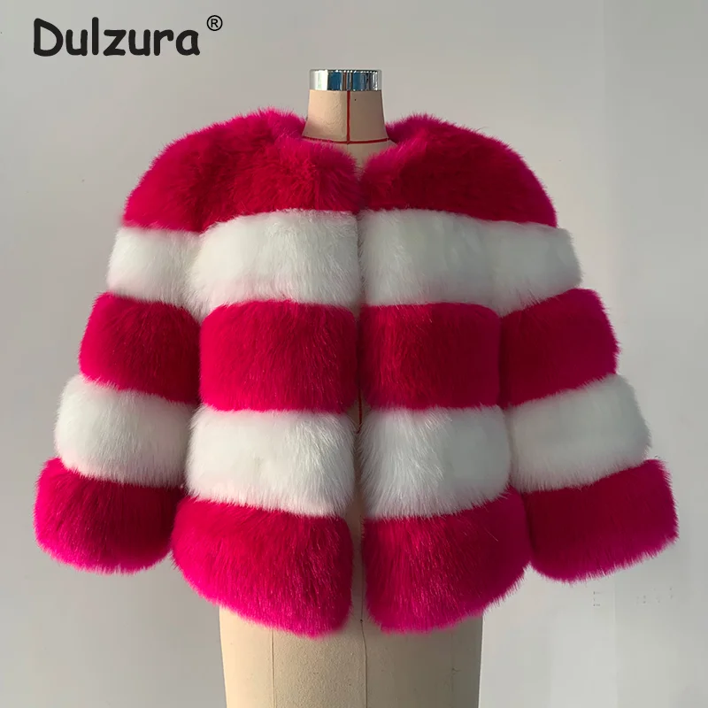 Sweet Pink Fur Coat Women 2020 Winter Fashion Striped Patchwork Faux Fox Fur Jacket Coats Luxury Fluffy Furry Overcoat Outerwear
