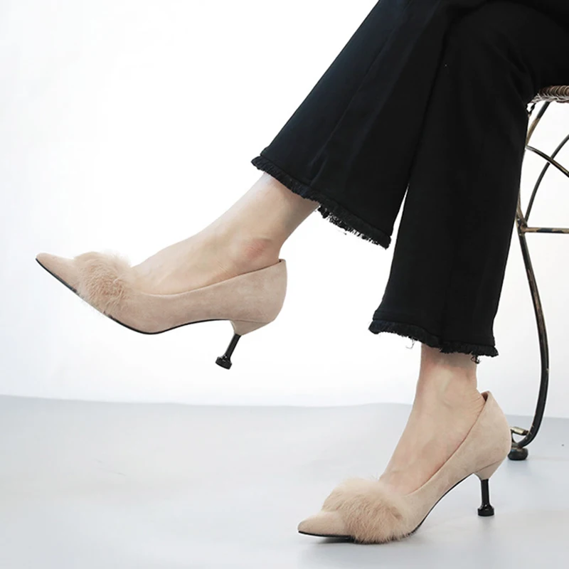 Туфли женские на шпильках офисные модные туфли из шерсти тонком каблуке кроличьи