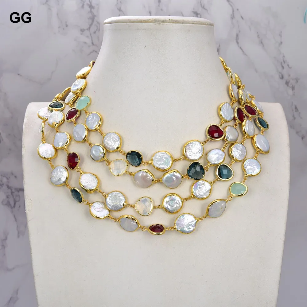 

GG Jewelry 2 Strands Classic 24-26" White Coin Gold Plated Pearl Crystal Necklace